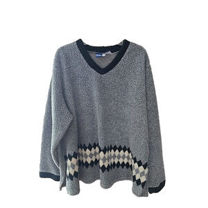 Y2K Preppy Venezia Gray Argyle V-Neck Sherpa Pullover Sweater Womans Size 22/24